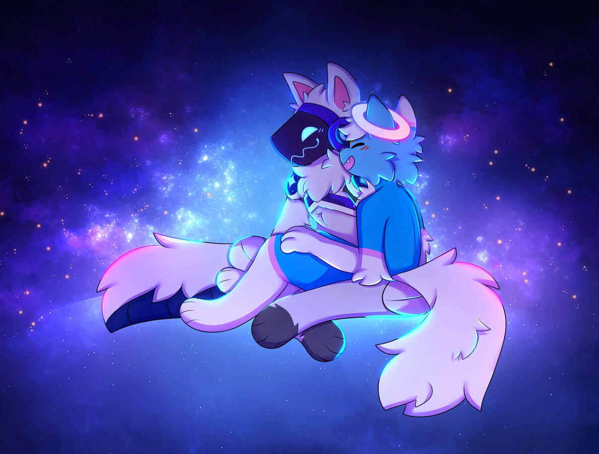 me and my boyfriend sitting together and talking, with a background of outer space